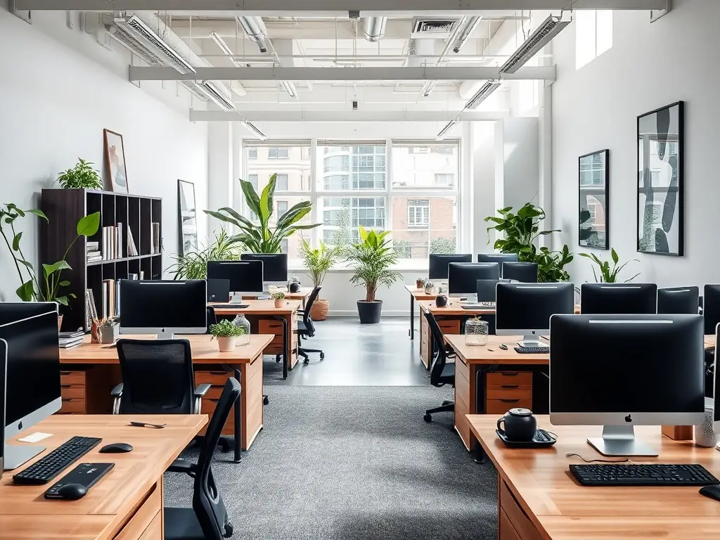 A modern, clean office space with desks neatly arranged and surfaces gleaming, reflecting a professional and productive work environment.