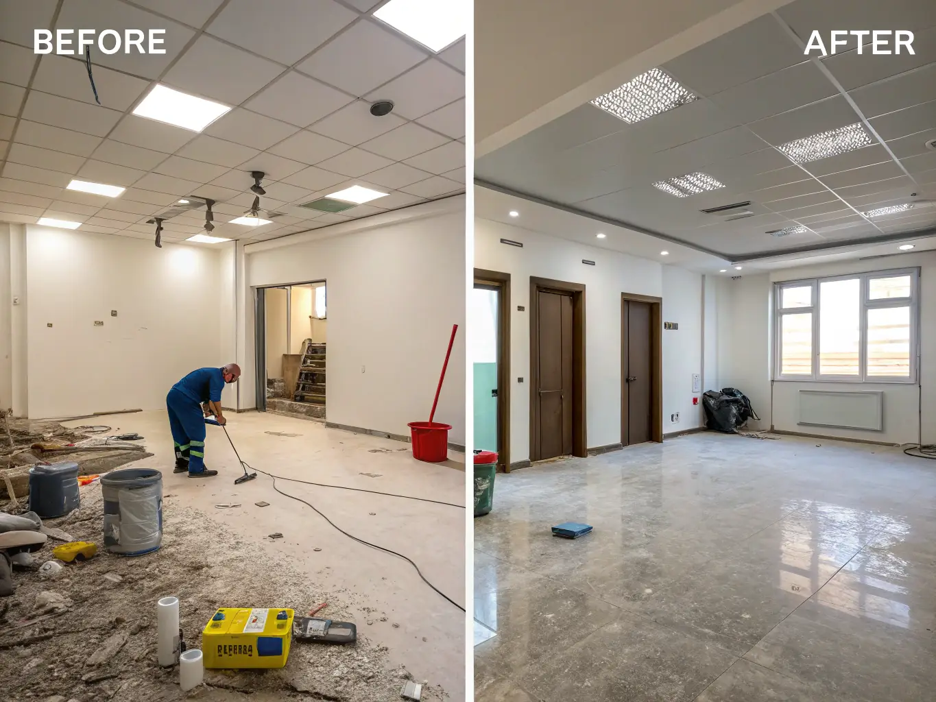 A before-and-after shot of a room post-renovation, with the 'after' side showing a pristine, dust-free space ready for use, highlighting the effectiveness of post-renovation cleaning.